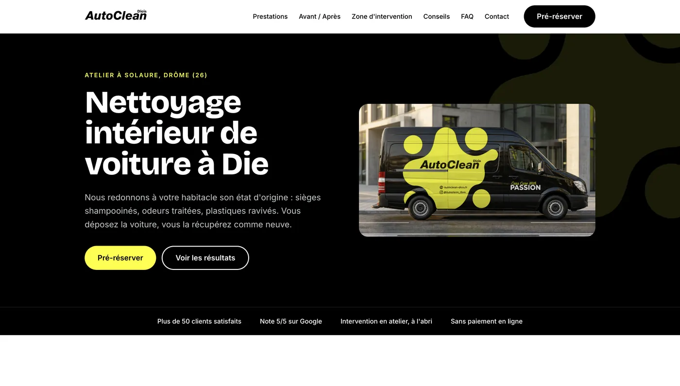 Nouvelle page d'accueil du site AutoClean Diois, avec pré-réservation en ligne
