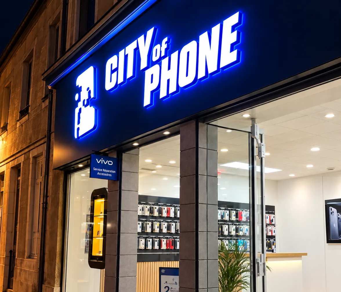 Enseigne rétroéclairée City of Phone allumée de nuit au dessus de la vitrine de la boutique