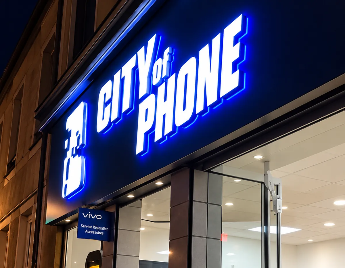 Enseigne City of Phone de nuit, lettrage retroeclaire diffusant un halo bleu sur la facade