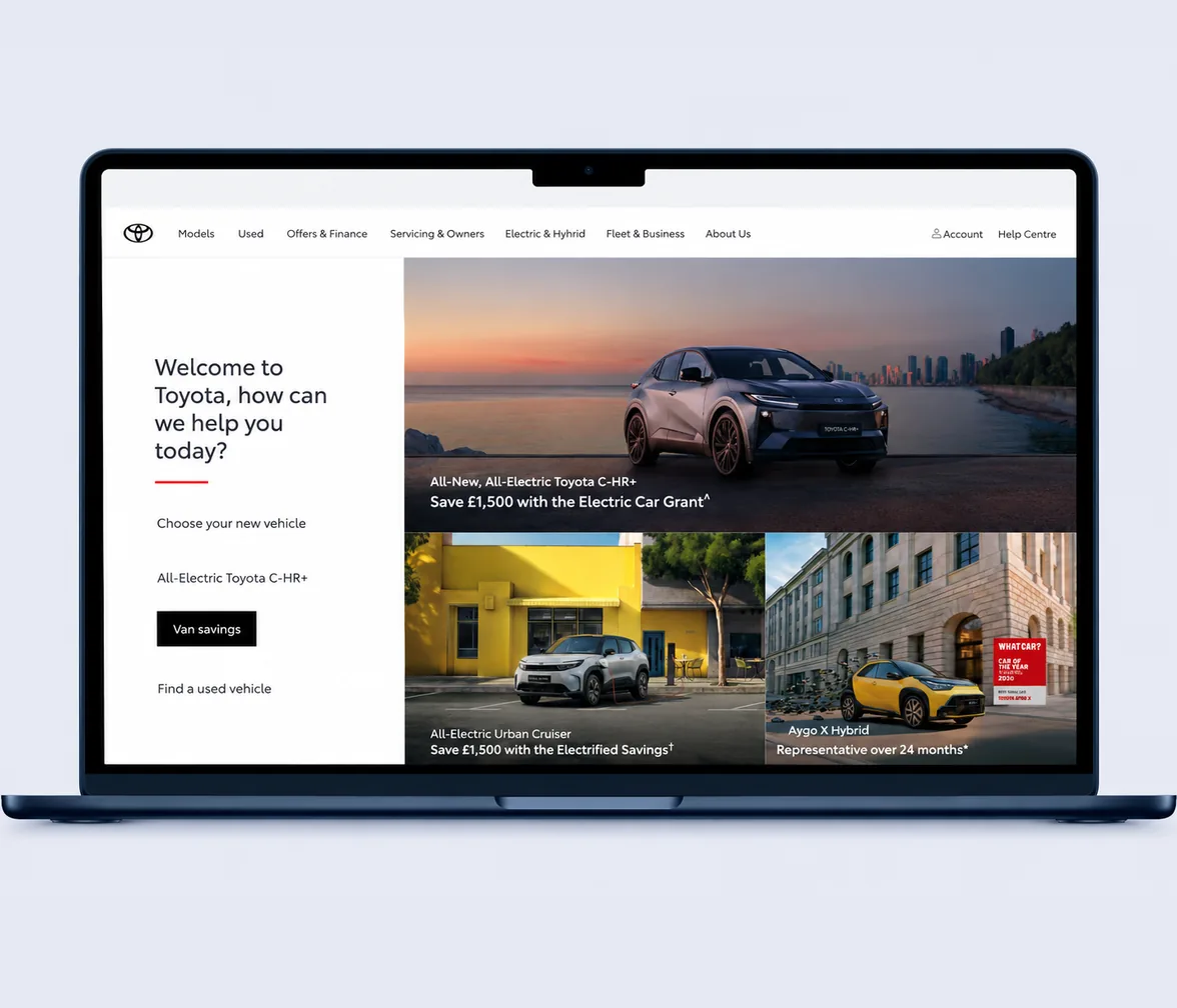 Page d'accueil du site Toyota UK, interface conçue et développée en front-end par Aura Production